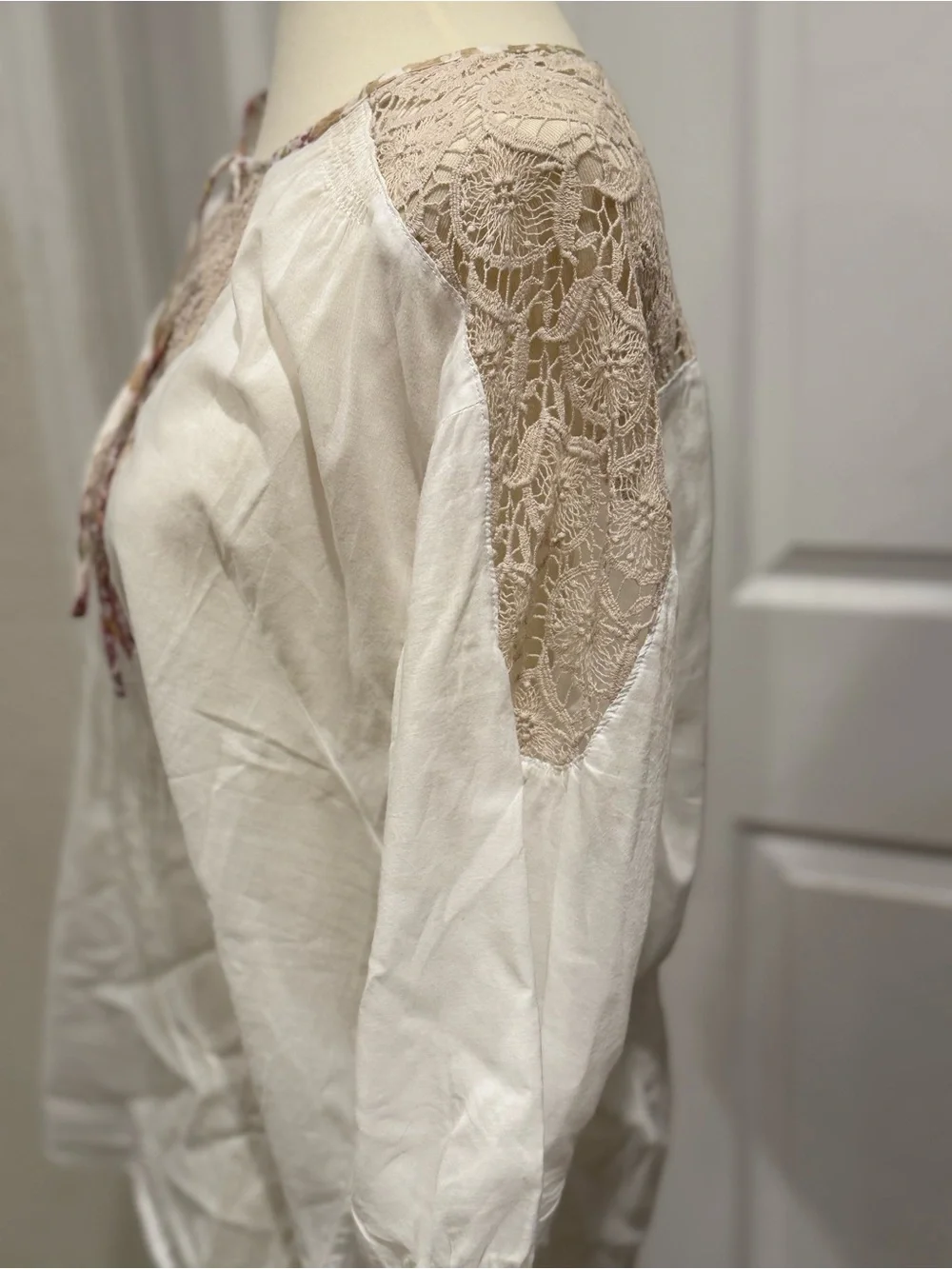 Free People Cream Boho Peasant Tunic with Floral Trim